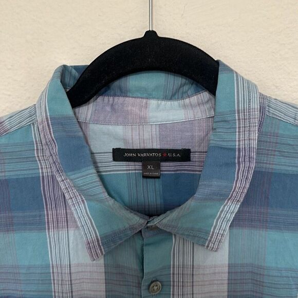John Varvatos USA Mens Blue Plaided Short Sleeve Collared Button-Up Shirt XL - Picture 4 of 7